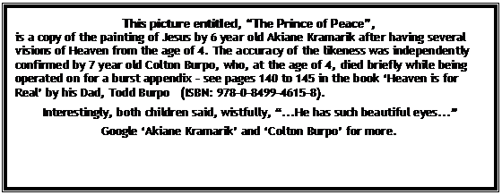 Text Box: This picture entitled, �The Prince of Peace�,
is a copy of the painting of Jesus by 6 year old Akiane Kramarik after having several visions of Heaven from the age of 4. The accuracy of the likeness was independently confirmed by 7 year old Colton Burpo, who, at the age of 4, died briefly while being operated on for a burst appendix - see pages 140 to 145 in the book �Heaven is for Real� by his Dad, Todd Burpo   (ISBN: 978-0-8499-4615-8).

Interestingly, both children said, wistfully, �...He has such beautiful eyes...�

Google �Akiane Kramarik� and �Colton Burpo� for more.

